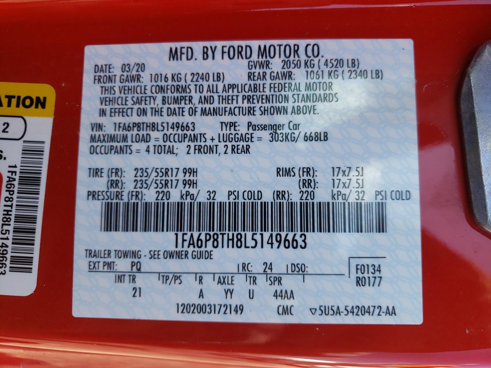 Photo 10 from auction – 2020 FORD MUSTANG with VIN 1FA6P8TH8L5149663