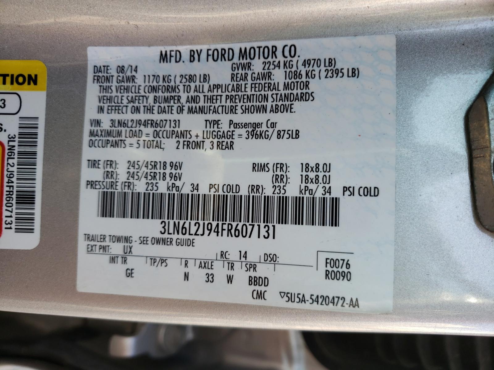 Photo 10 from auction – 2015 LINCOLN MKZ with VIN 3LN6L2J94FR607131