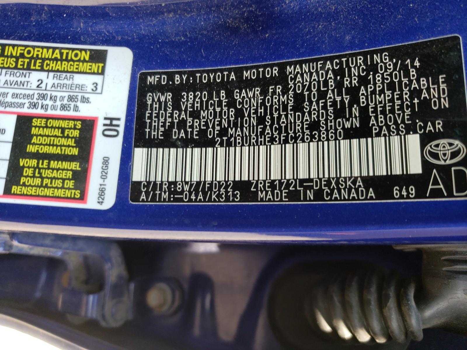 Photo 10 from auction – 2015 TOYOTA COROLLA L with VIN 2T1BURHE3FC263860