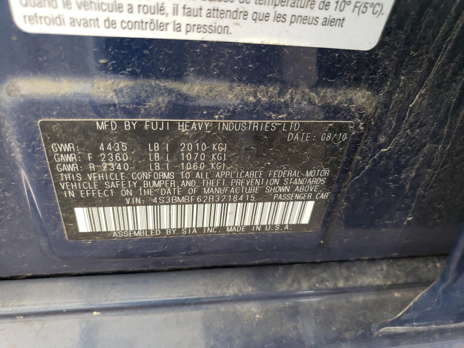 Photo 10 from auction – 2011 SUBARU LEGACY 2.5 with VIN 4S3BMBF62B3218415