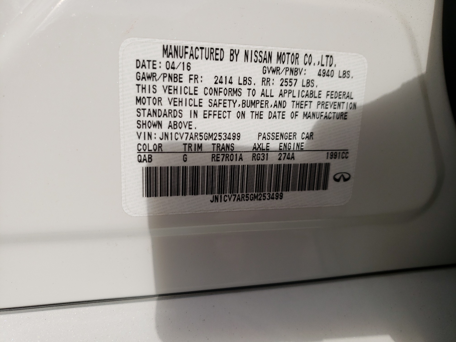 Photo 10 from auction – 2016 INFINITI Q50 BASE with VIN JN1CV7AR5GM253499