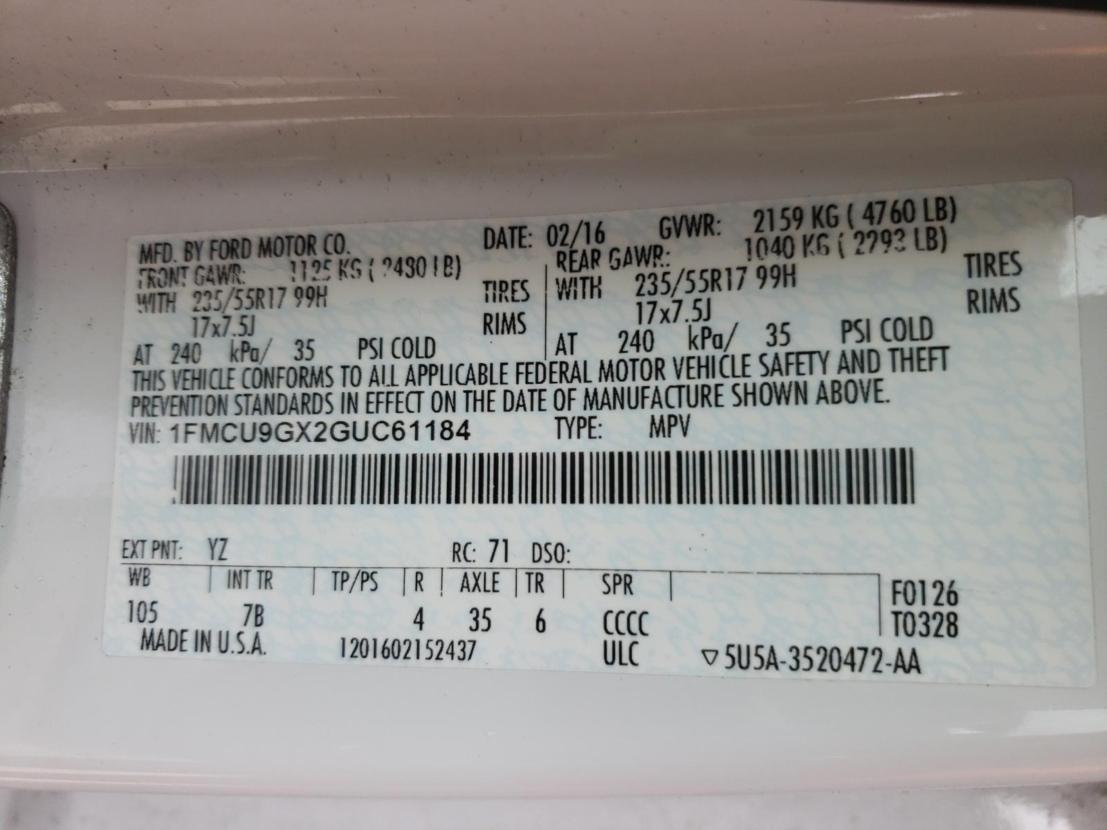 Photo 10 from auction – 2016 FORD ESCAPE SE with VIN 1FMCU9GX2GUC61184