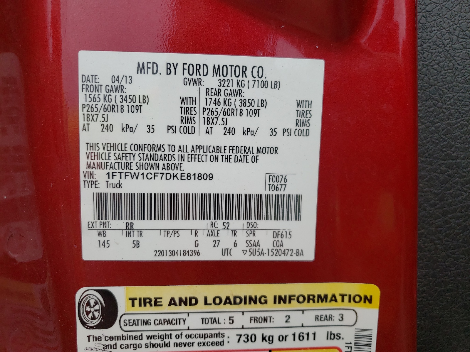 Photo 10 from auction – 2013 FORD F150 with VIN 1FTFW1CF7DKE81809