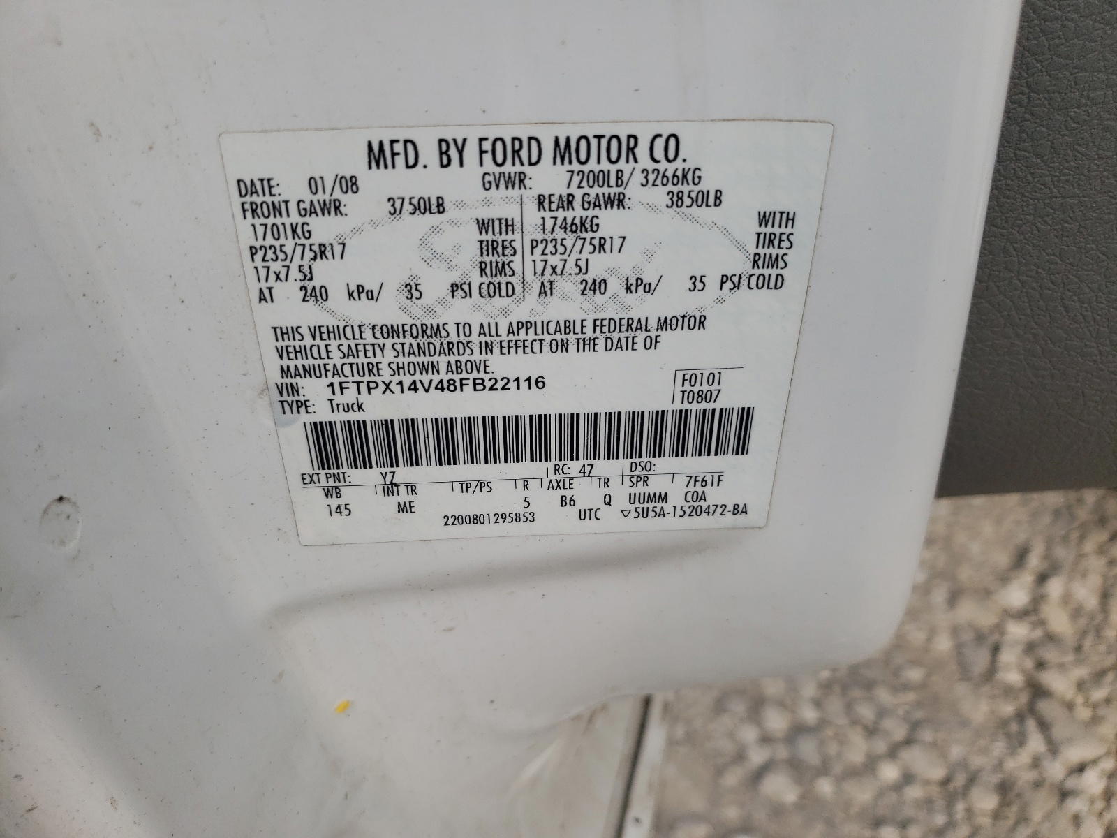 Photo 10 from auction – 2008 FORD F150 with VIN 1FTPX14V48FB22116