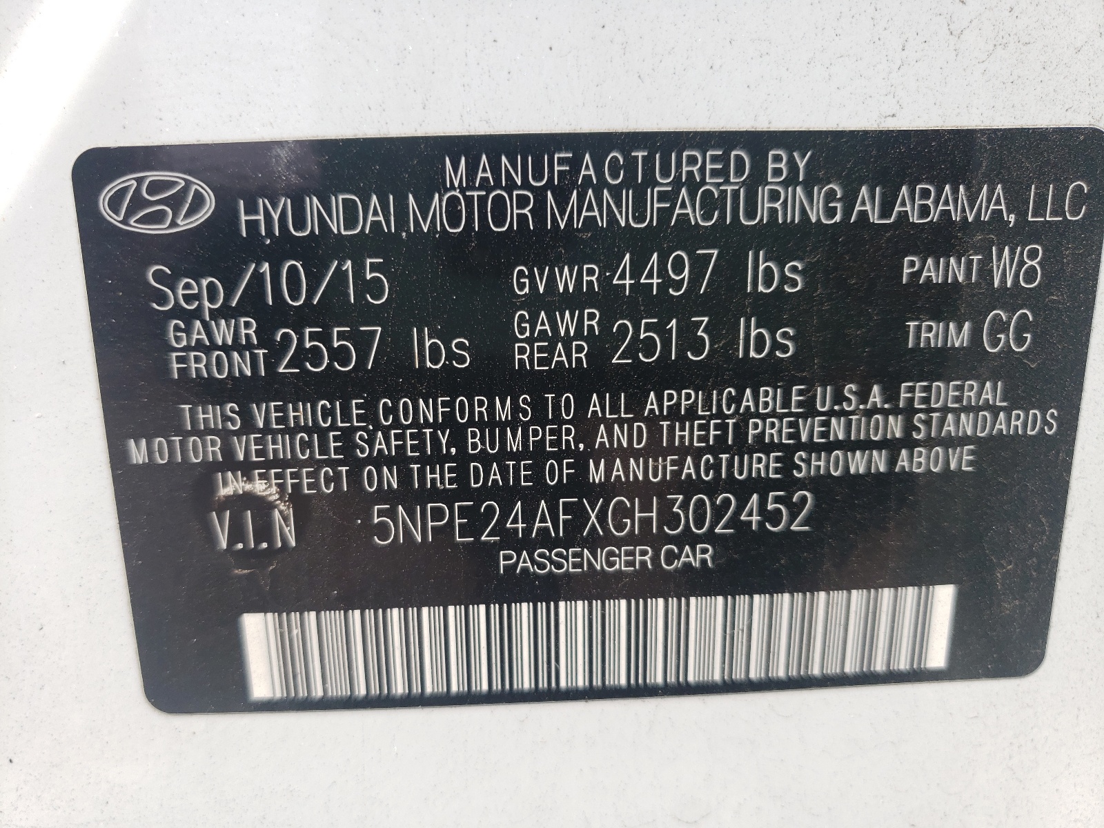 Photo 10 from auction – 2016 HYUNDAI SONATA SE with VIN 5NPE24AFXGH302452