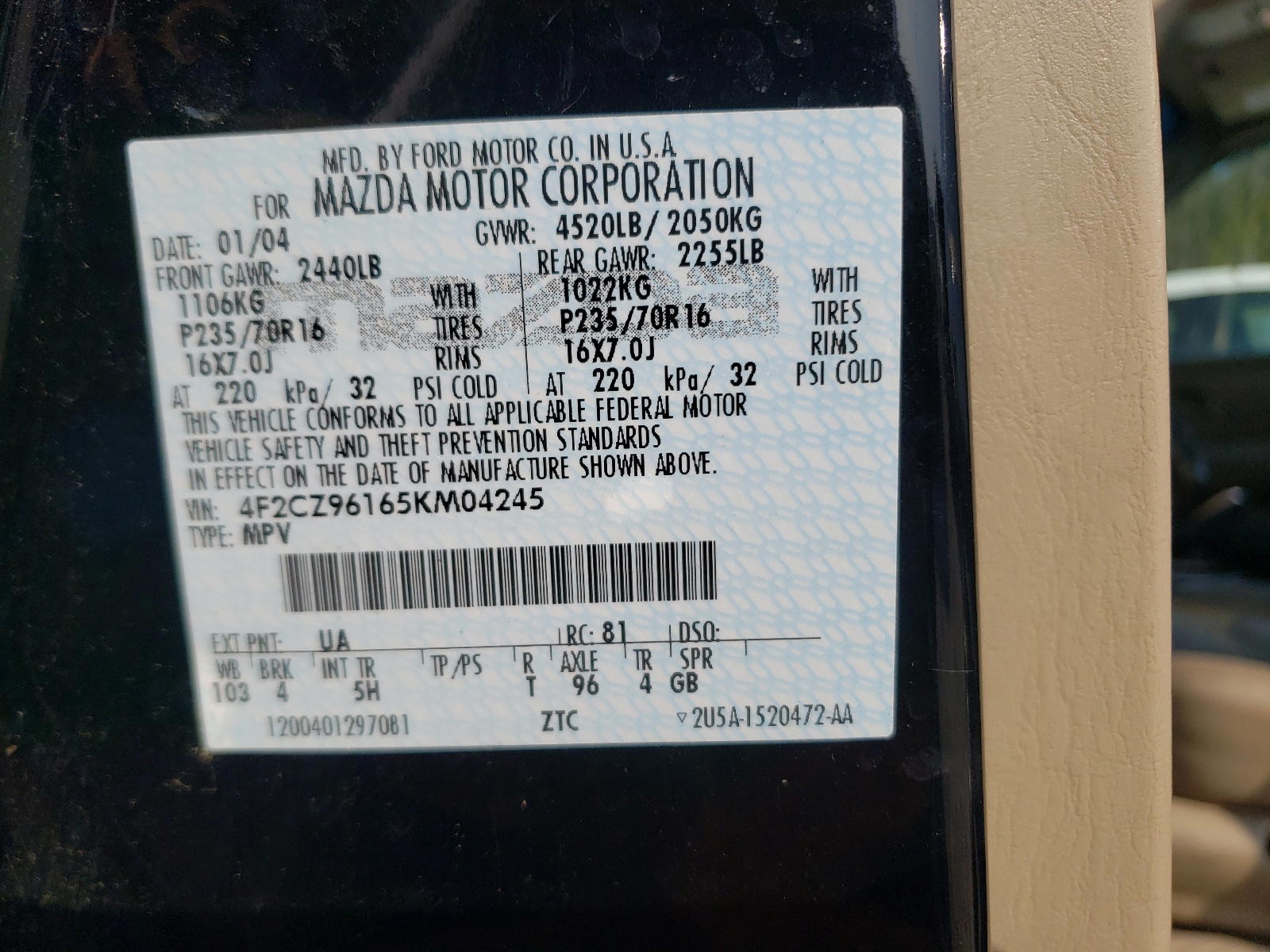 Photo 10 from auction – 2005 MAZDA TRIBUTE S with VIN 4F2CZ96165KM04245