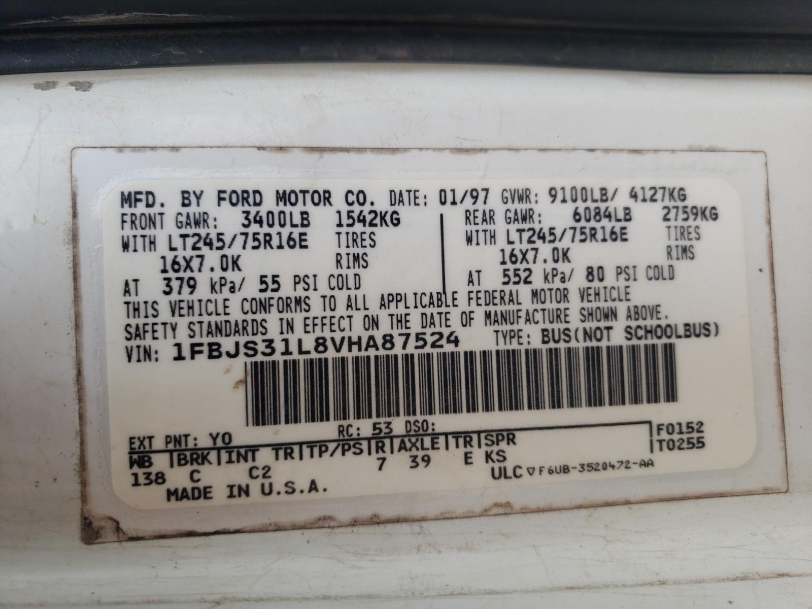 Photo 10 from auction – 1997 FORD ECONOLINE with VIN 1FBJS31L8VHA87524