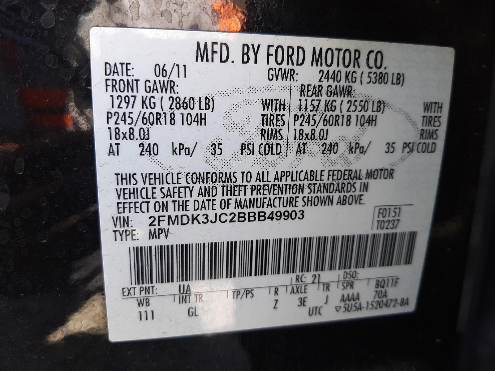 Photo 10 from auction – 2011 FORD EDGE SEL with VIN 2FMDK3JC2BBB49903