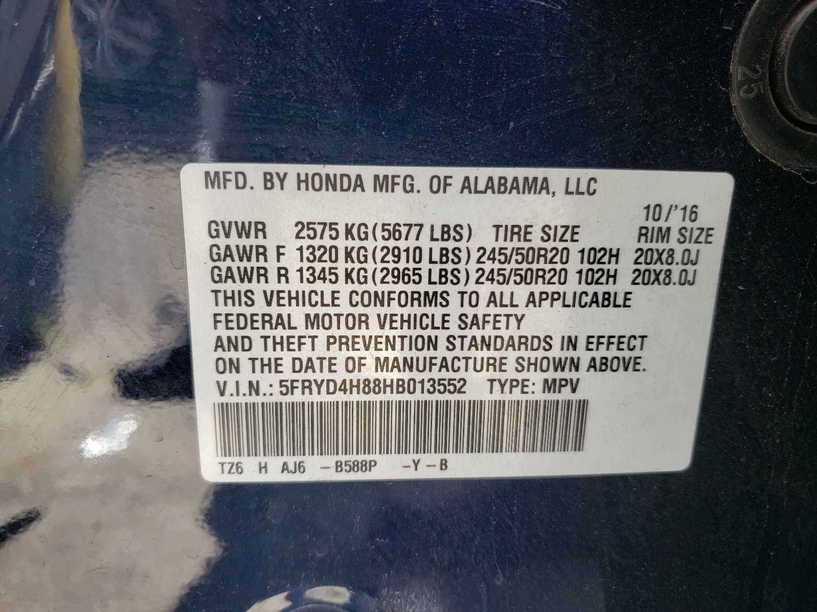 Photo 10 from auction – 2017 ACURA MDX AWD with VIN 5FRYD4H88HB013552