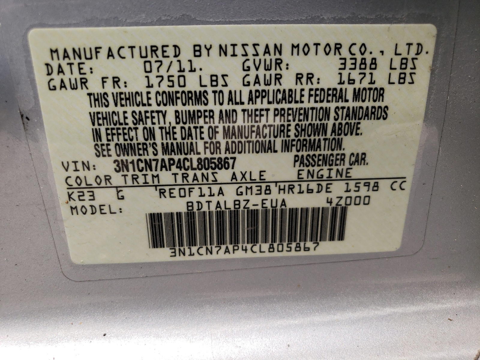 Photo 10 from auction – 2012 NISSAN VERSA S with VIN 3N1CN7AP4CL805867