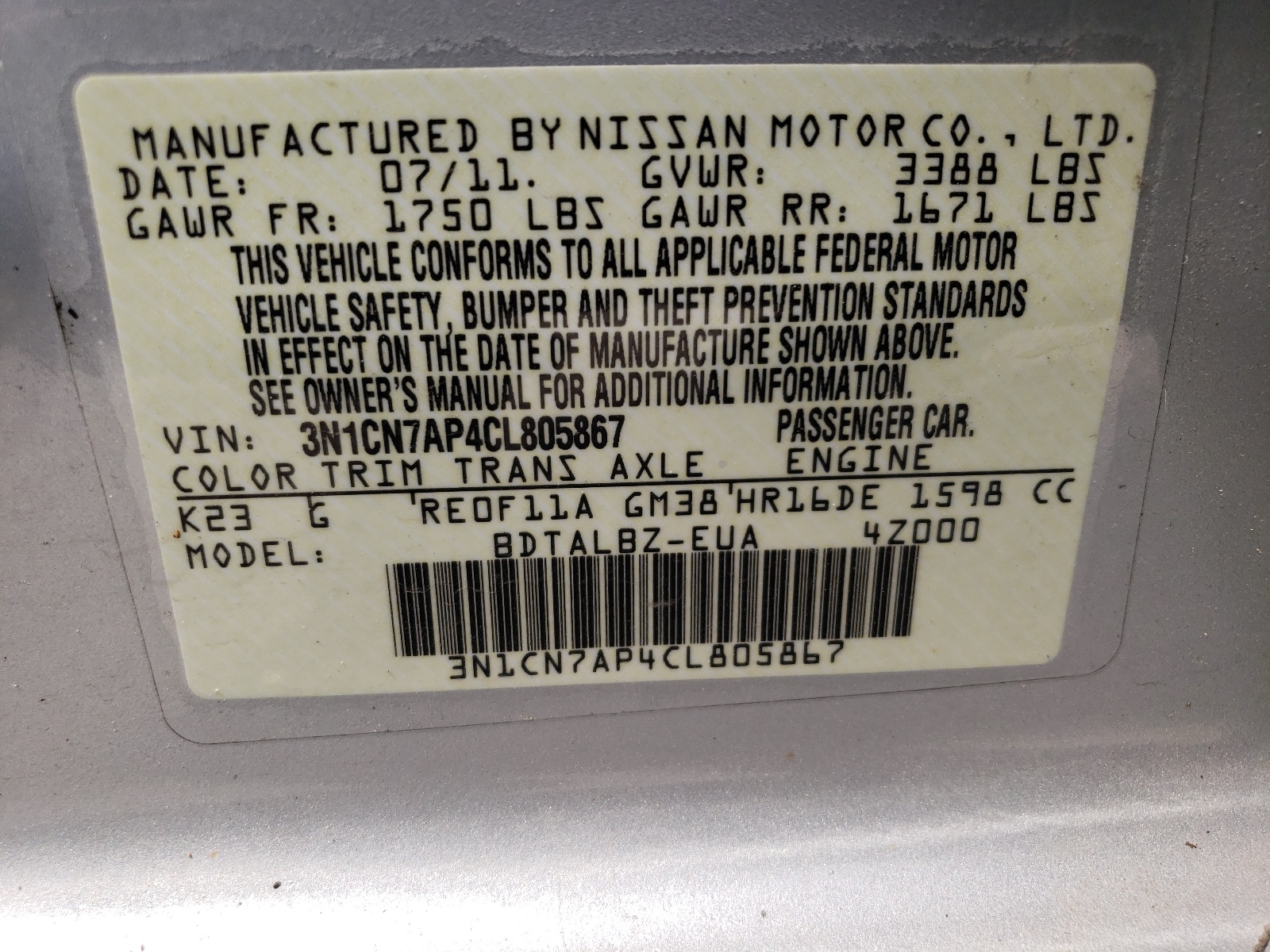 Zdjęcie 10 z aukcji – 2012 NISSAN VERSA S z VIN 3N1CN7AP4CL805867