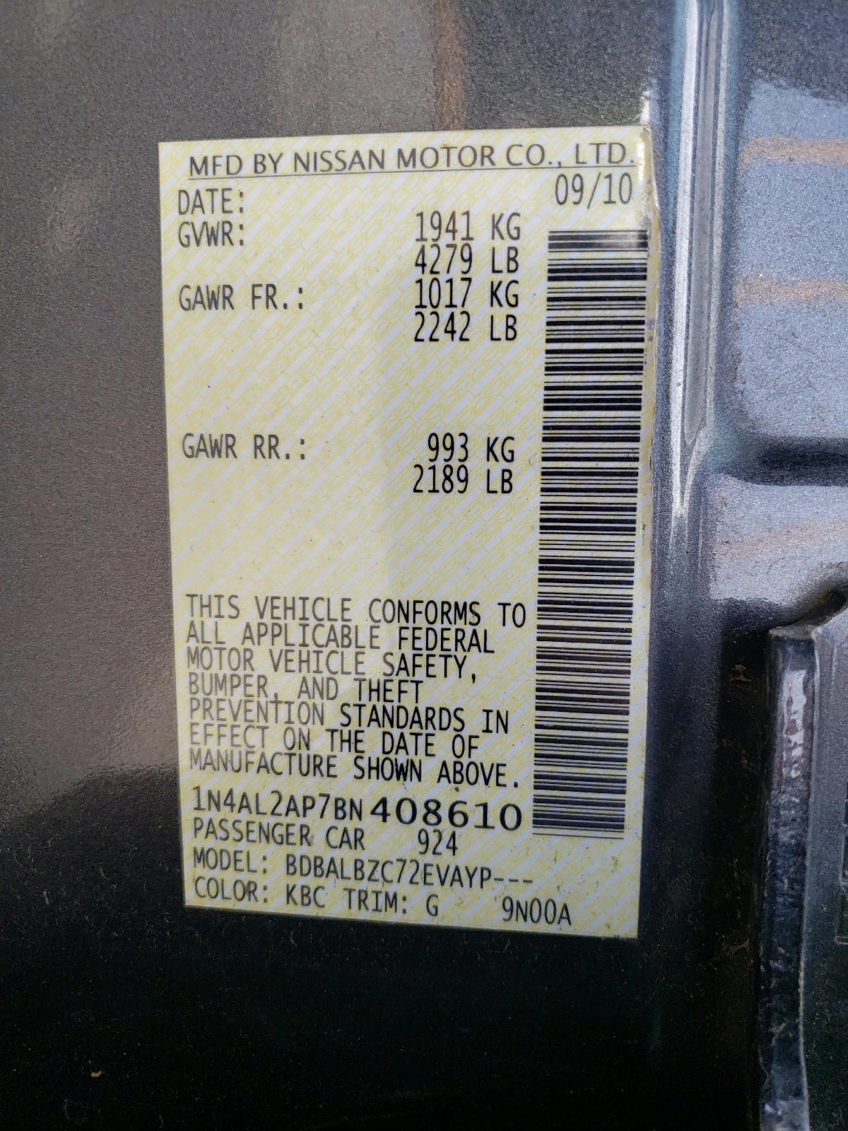 Photo 10 from auction – 2011 NISSAN ALTIMA BAS with VIN 1N4AL2AP7BN408610