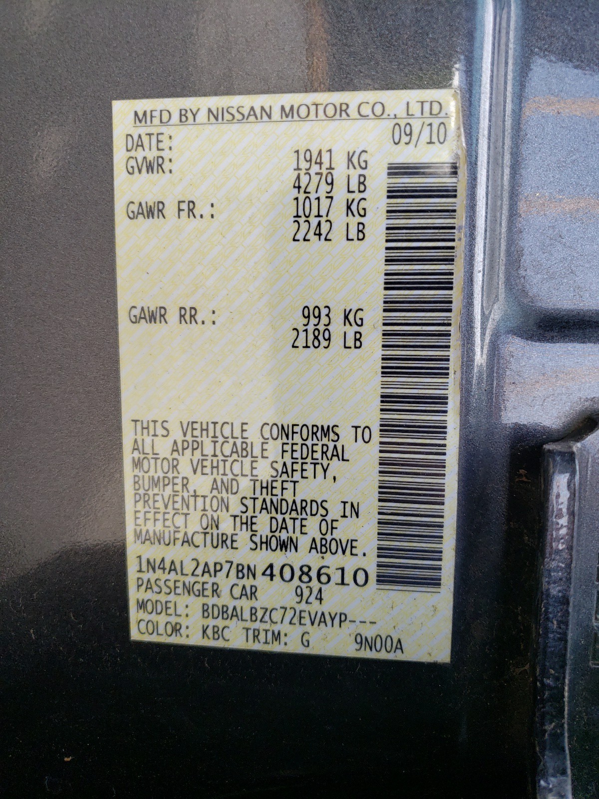 Zdjęcie 10 z aukcji – 2011 NISSAN ALTIMA BAS z VIN 1N4AL2AP7BN408610
