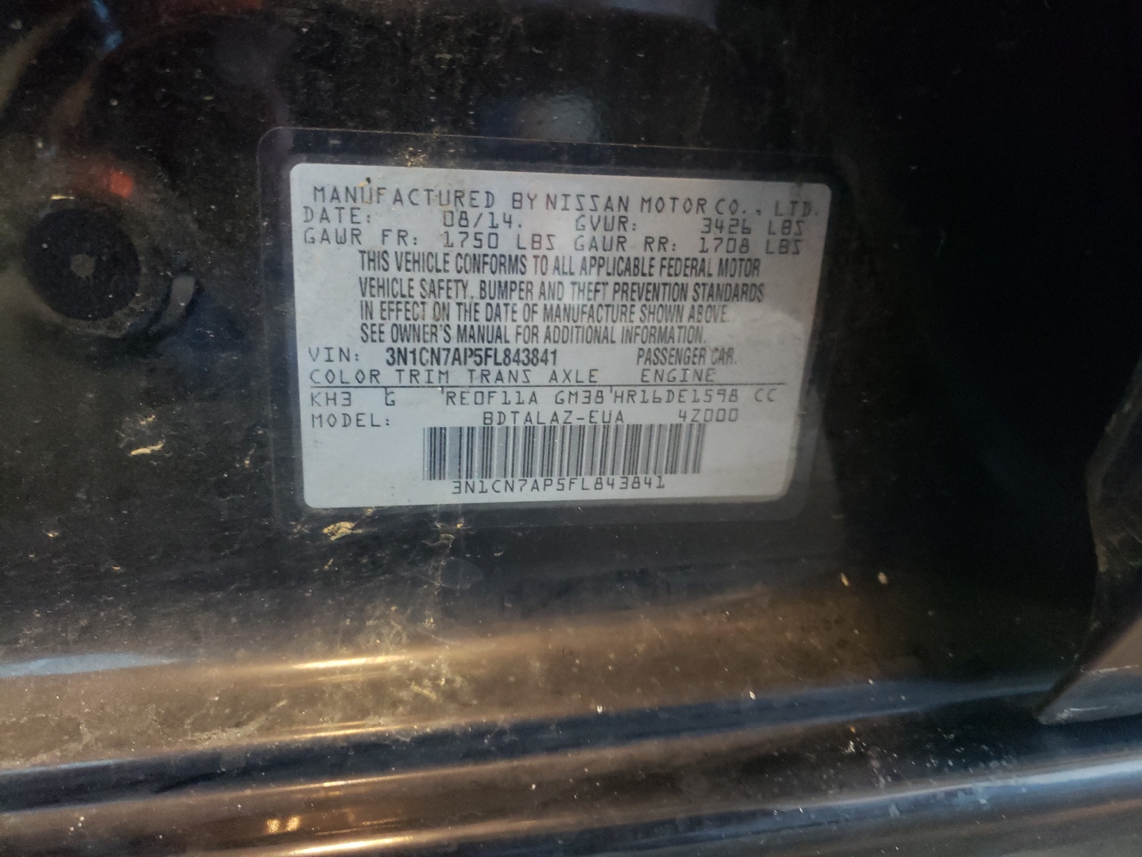 Photo 10 from auction – 2015 NISSAN VERSA S with VIN 3N1CN7AP5FL843841