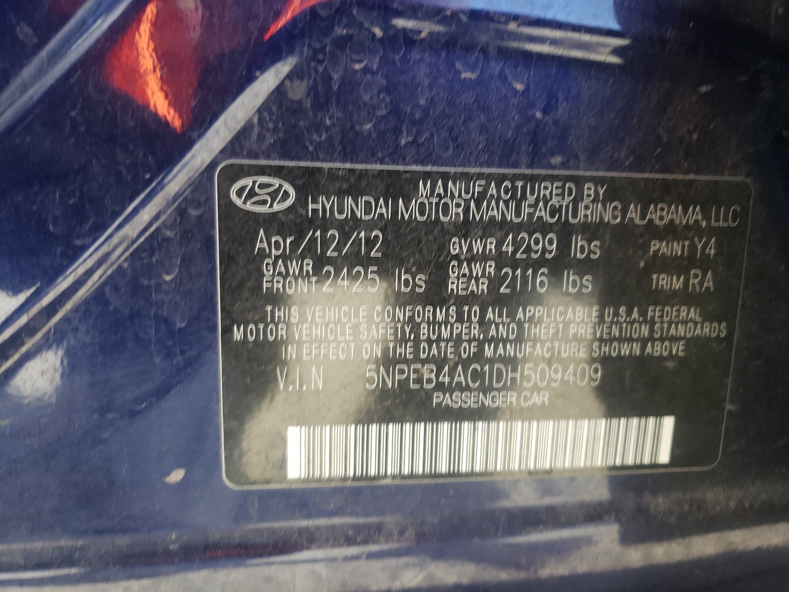 Photo 10 from auction – 2013 HYUNDAI SONATA GLS with VIN 5NPEB4AC1DH509409