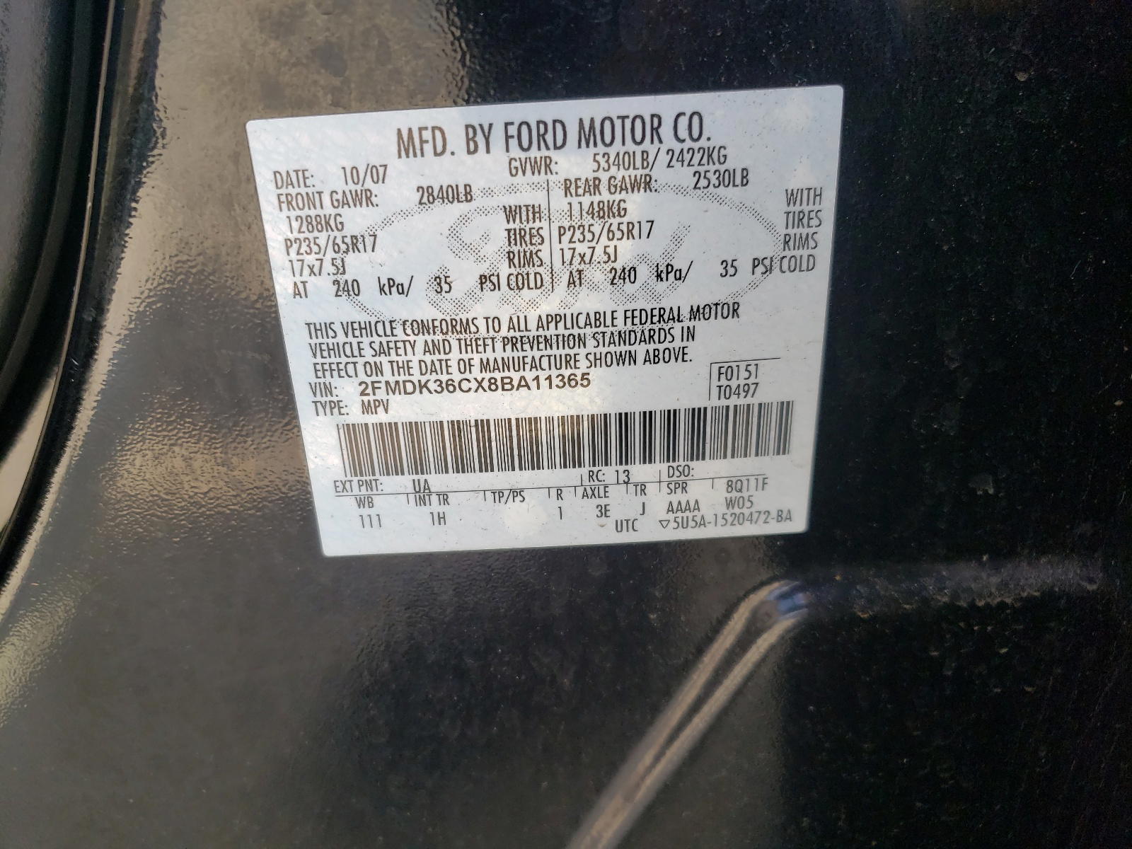 Photo 10 from auction – 2008 FORD EDGE SE with VIN 2FMDK36CX8BA11365