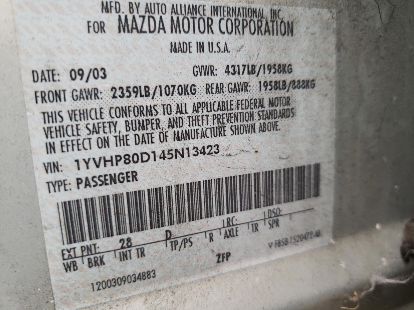 Photo 10 from auction – 2004 MAZDA 6 S with VIN 1YVHP80D145N13423