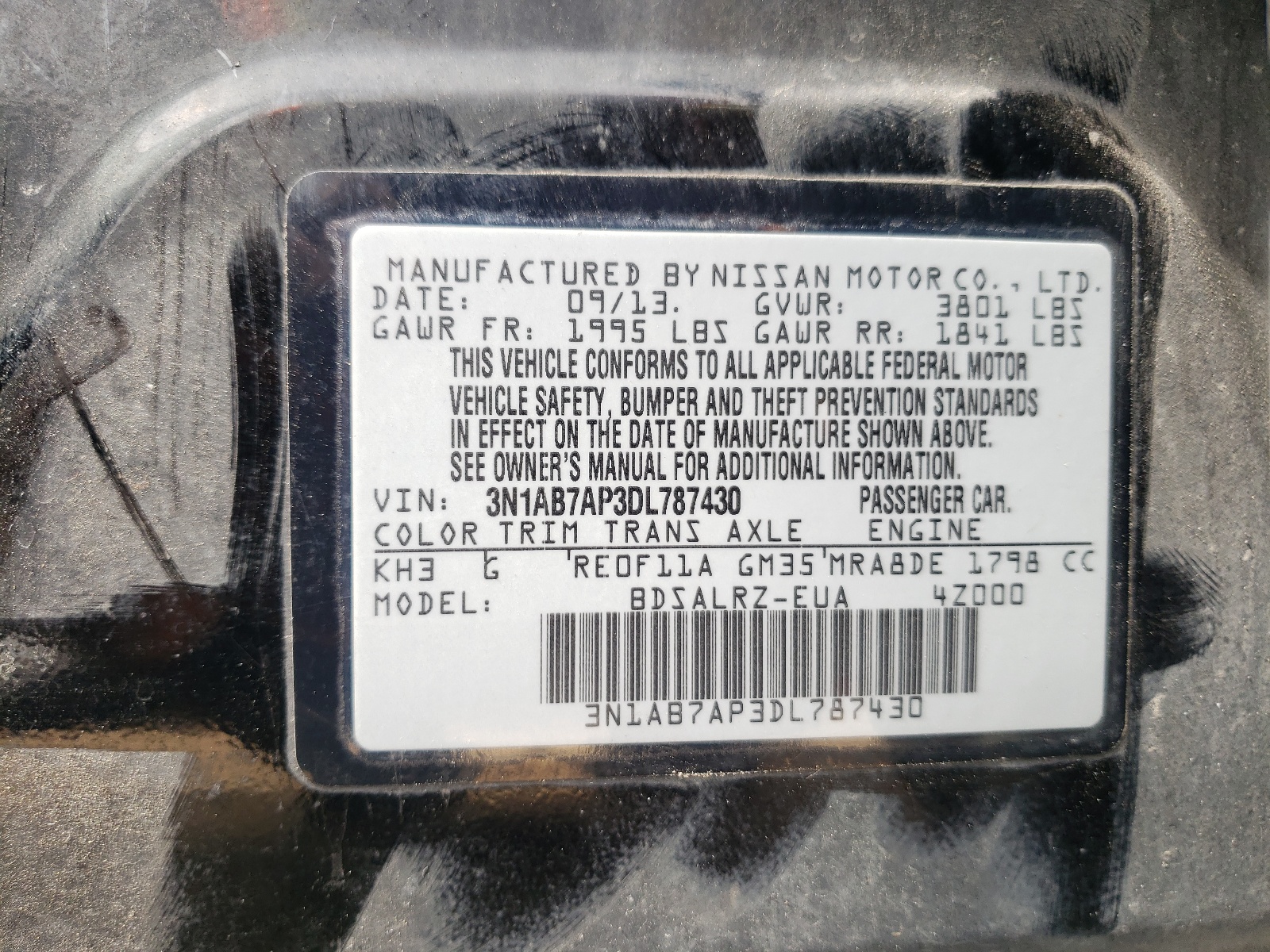Photo 10 from auction – 2013 NISSAN SENTRA S with VIN 3N1AB7AP3DL787430