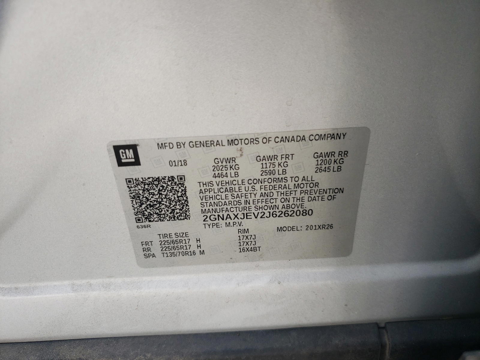 Photo 10 from auction – 2018 CHEVROLET EQUINOX LT with VIN 2GNAXJEV2J6262080