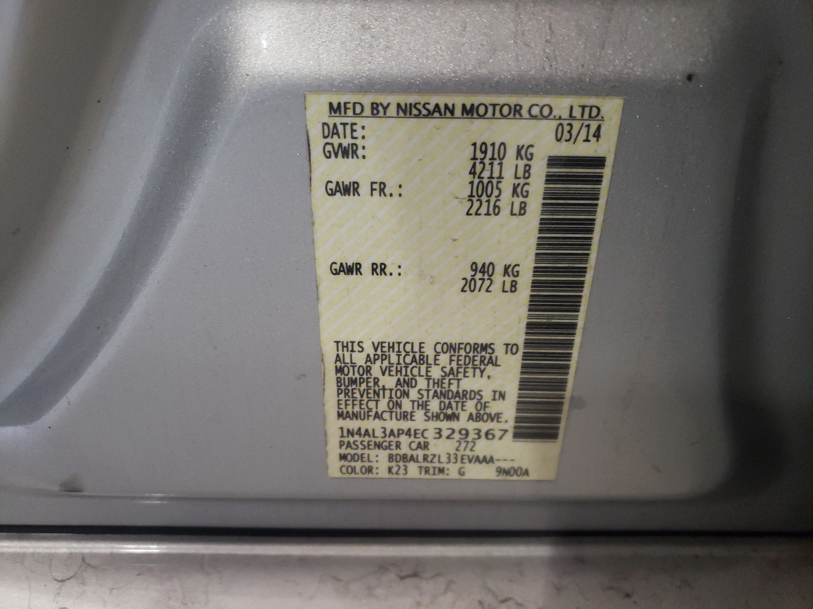 Photo 10 from auction – 2014 NISSAN ALTIMA 2.5 with VIN 1N4AL3AP4EC329367