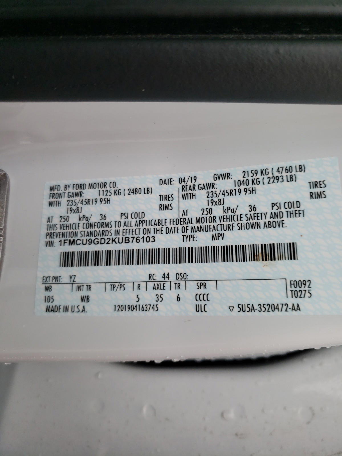 Photo 10 from auction – 2019 FORD ESCAPE SE with VIN 1FMCU9GD2KUB76103