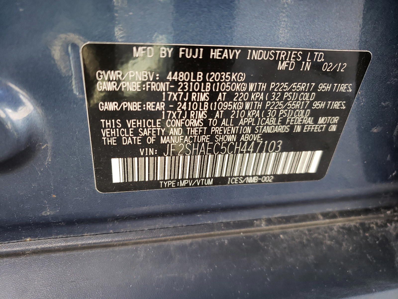 Photo 10 from auction – 2012 SUBARU FORESTER L with VIN JF2SHAEC5CH447103