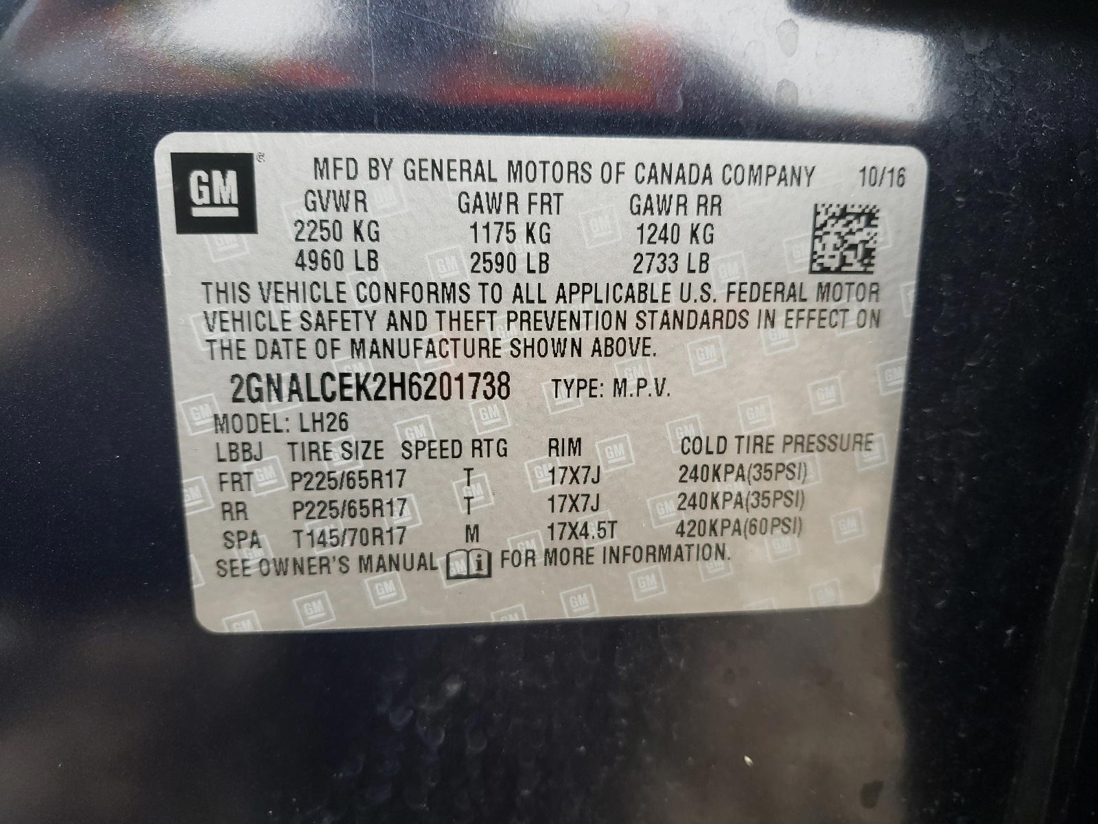 Photo 10 from auction – 2017 CHEVROLET EQUINOX with VIN 2GNALCEK2H6201738
