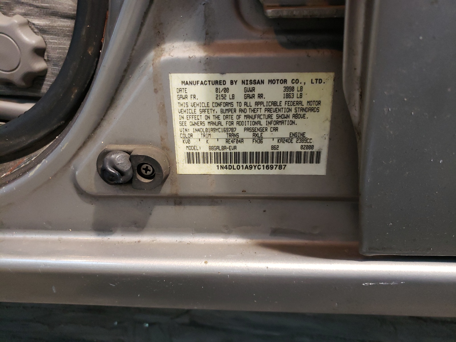 Photo 10 from auction – 2000 NISSAN ALTIMA XE with VIN 1N4DL01A9YC169787