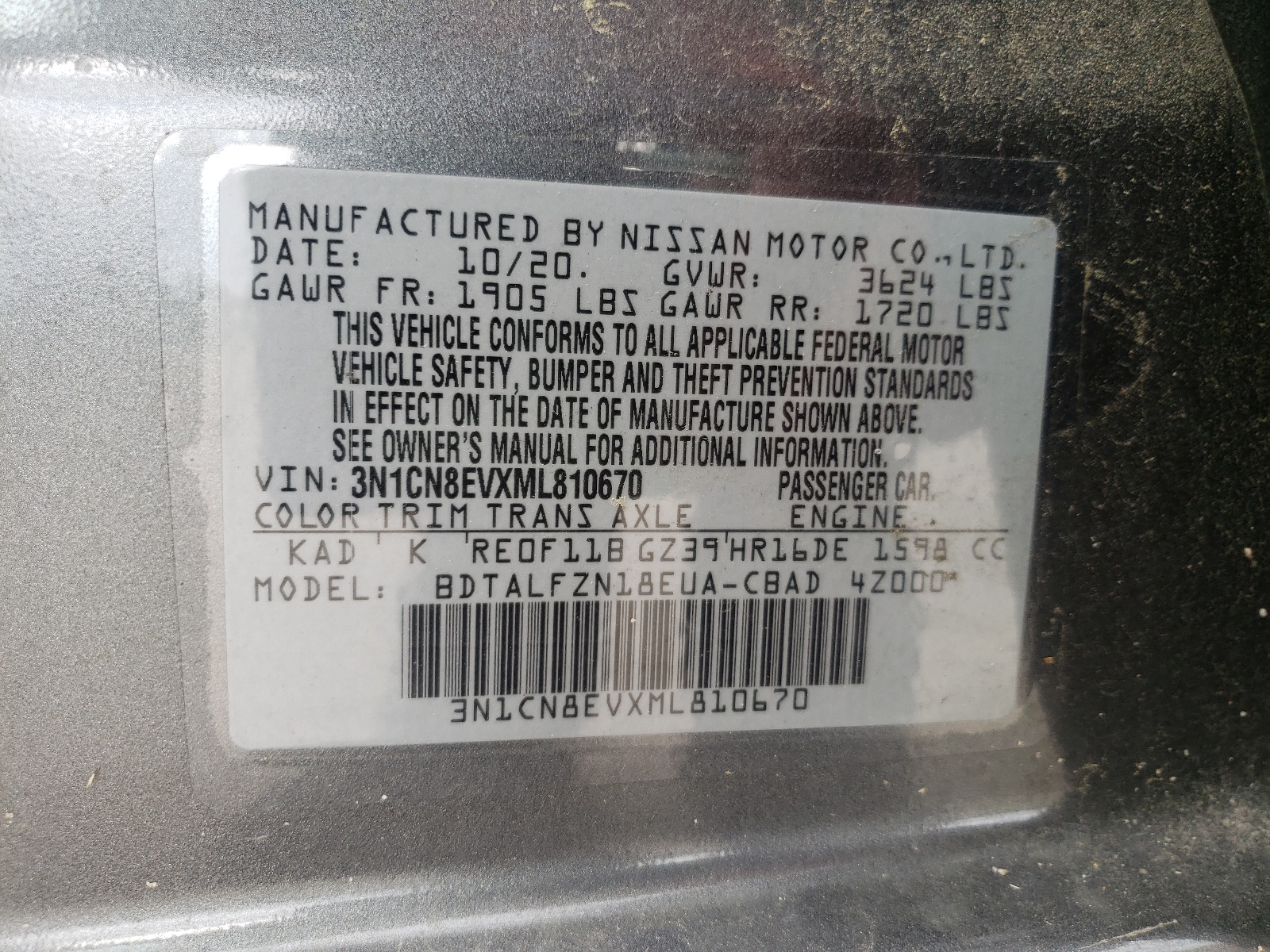Photo 10 from auction – 2021 NISSAN VERSA SV with VIN 3N1CN8EVXML810670