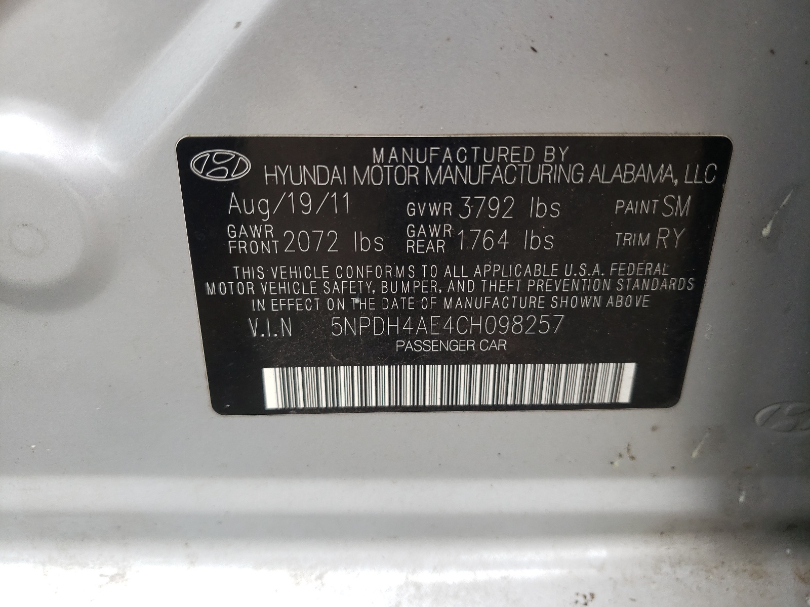 Photo 10 from auction – 2012 HYUNDAI ELANTRA GL with VIN 5NPDH4AE4CH098257