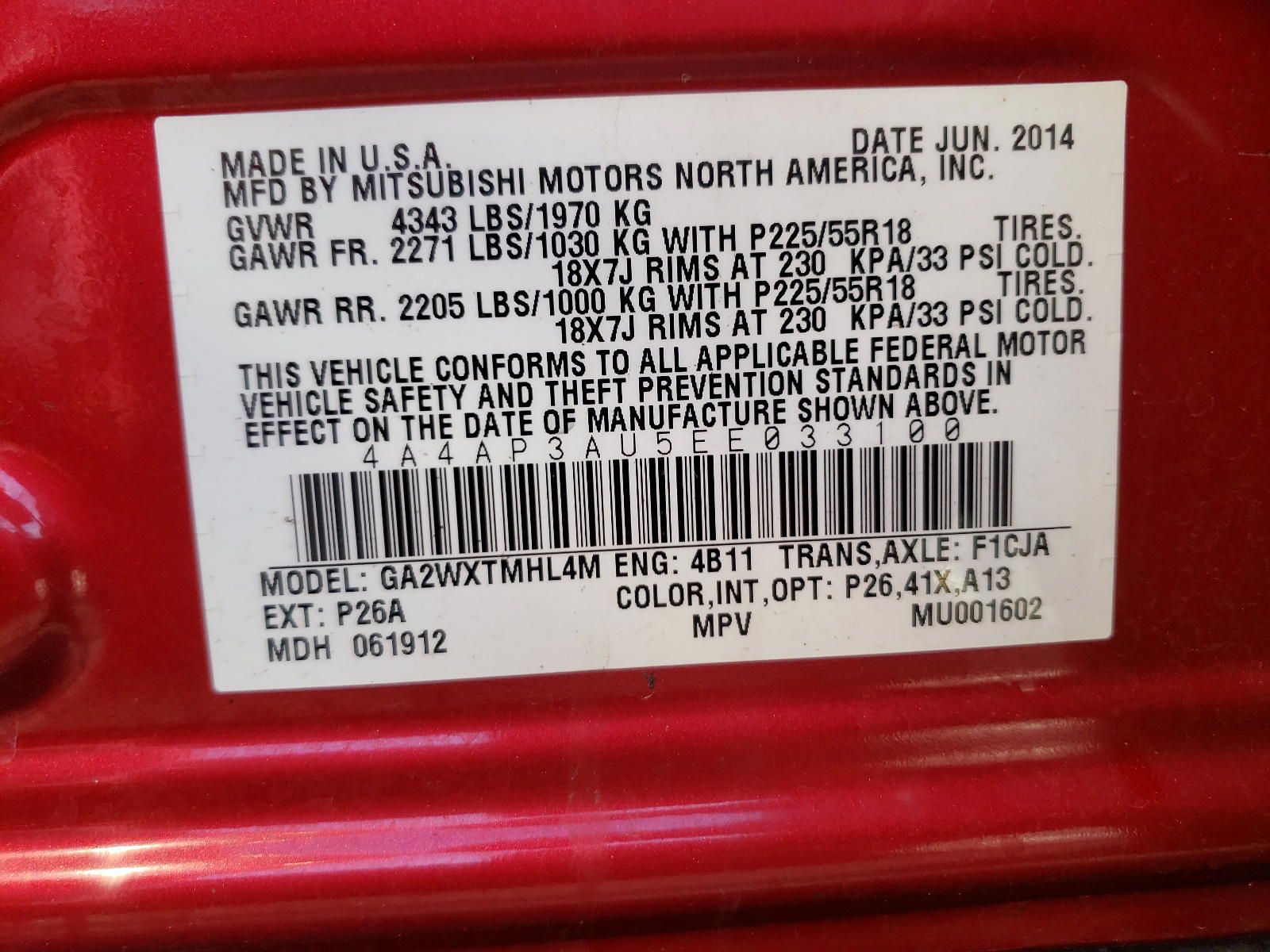 Photo 10 from auction – 2014 MITSUBISHI OUTLANDER with VIN 4A4AP3AU5EE033100