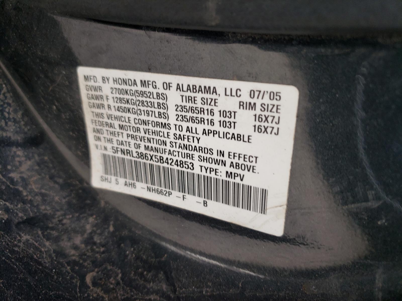 Photo 10 from auction – 2005 HONDA ODYSSEY EX with VIN 5FNRL386X5B424853