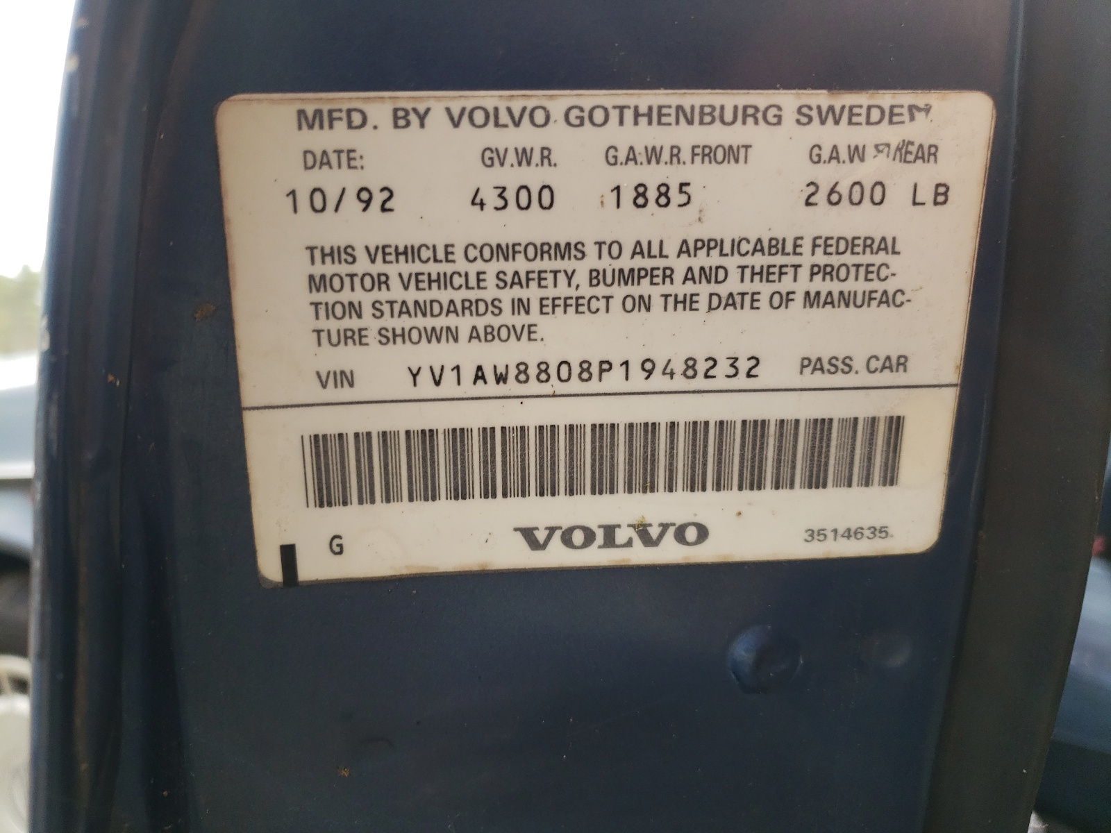 Photo 10 from auction – 1993 VOLVO 240 with VIN YV1AW8808P1948232