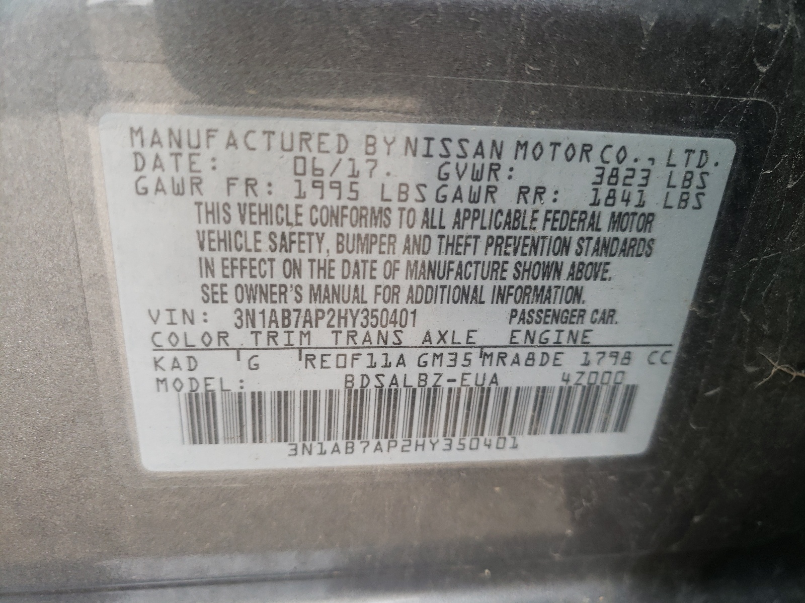 Photo 10 from auction – 2017 NISSAN SENTRA S with VIN 3N1AB7AP2HY350401