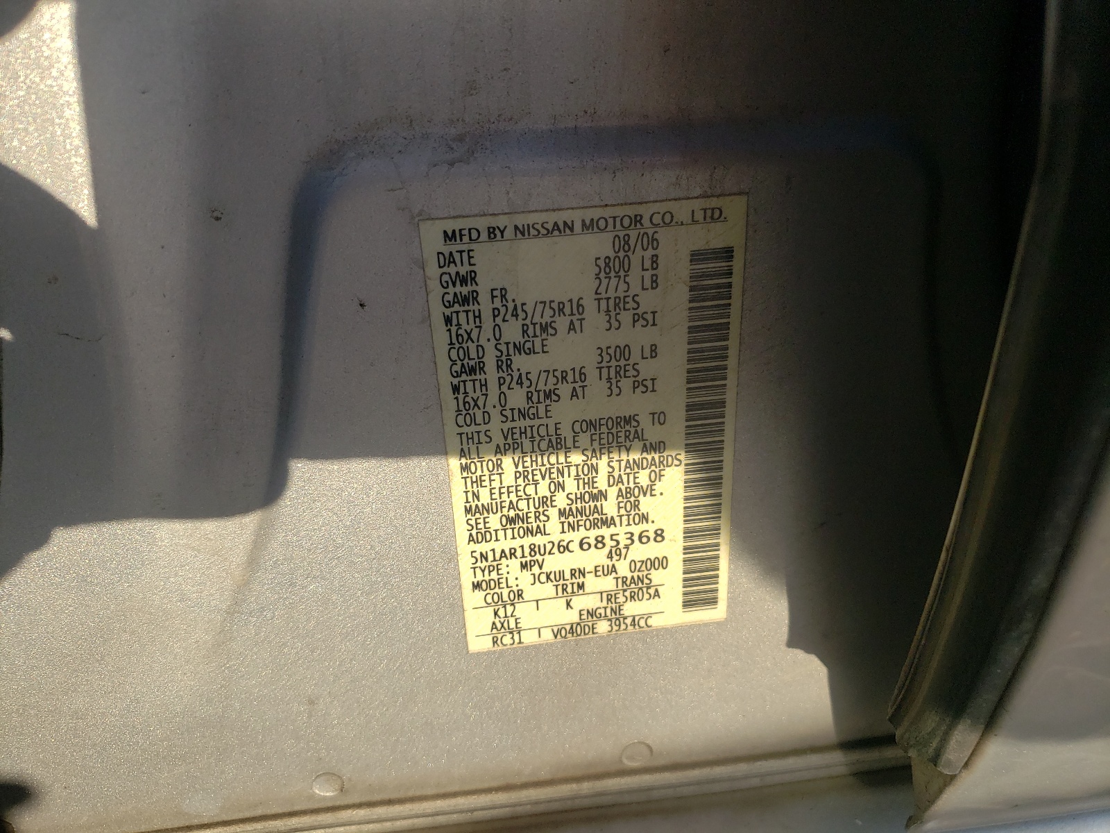 Photo 10 from auction – 2006 NISSAN PATHFINDER with VIN 5N1AR18U26C685368