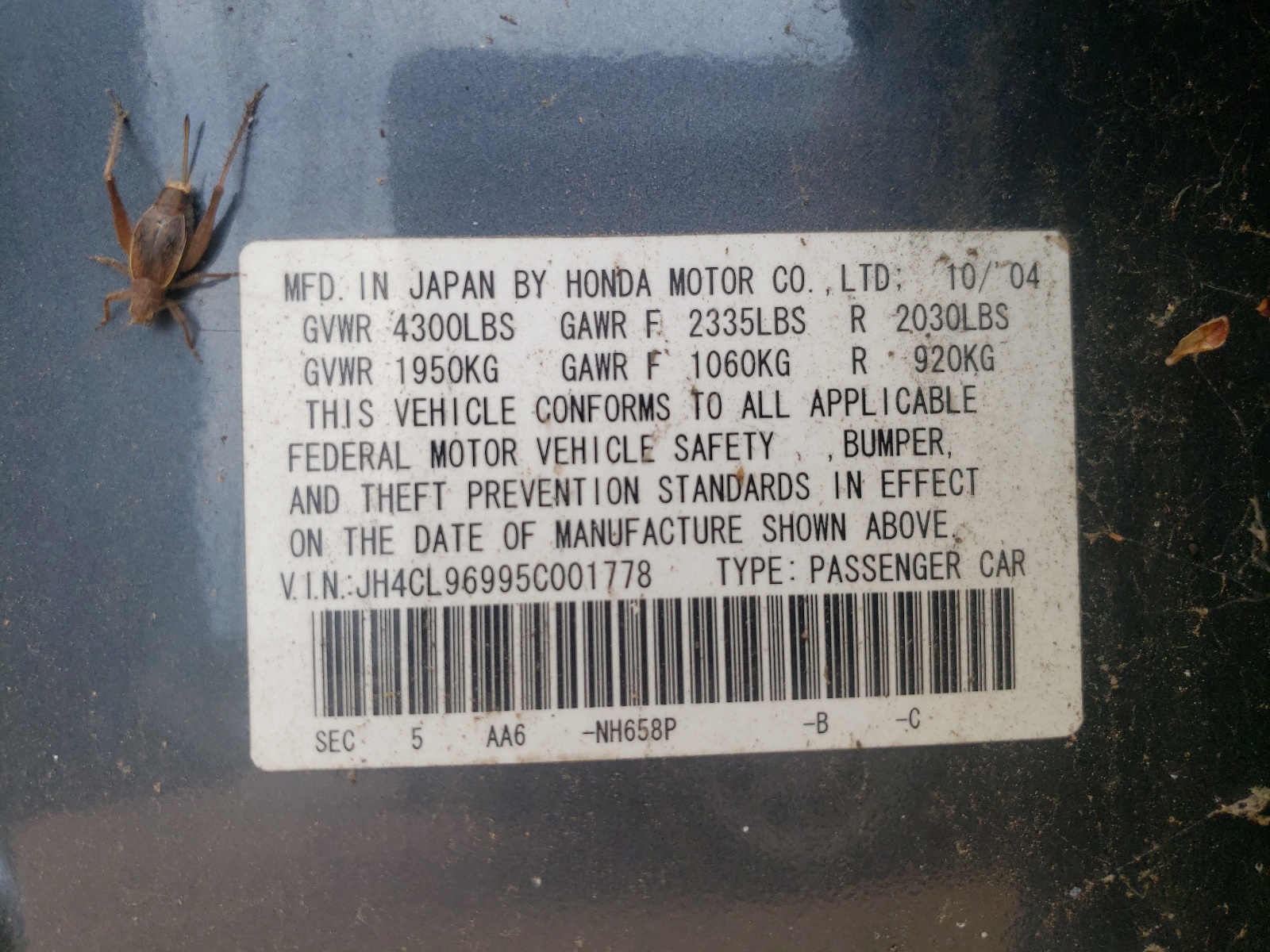 Photo 10 from auction – 2005 ACURA TSX with VIN JH4CL96995C001778