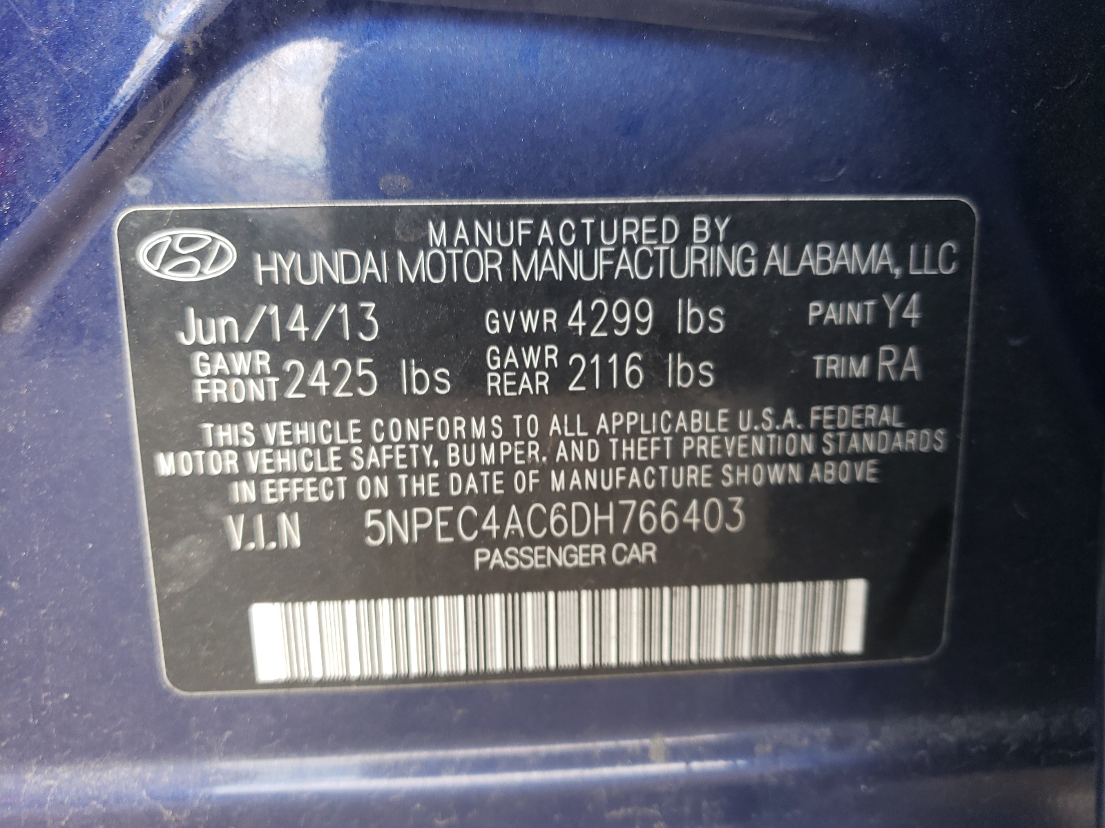 Photo 10 from auction – 2013 HYUNDAI SONATA SE with VIN 5NPEC4AC6DH766403
