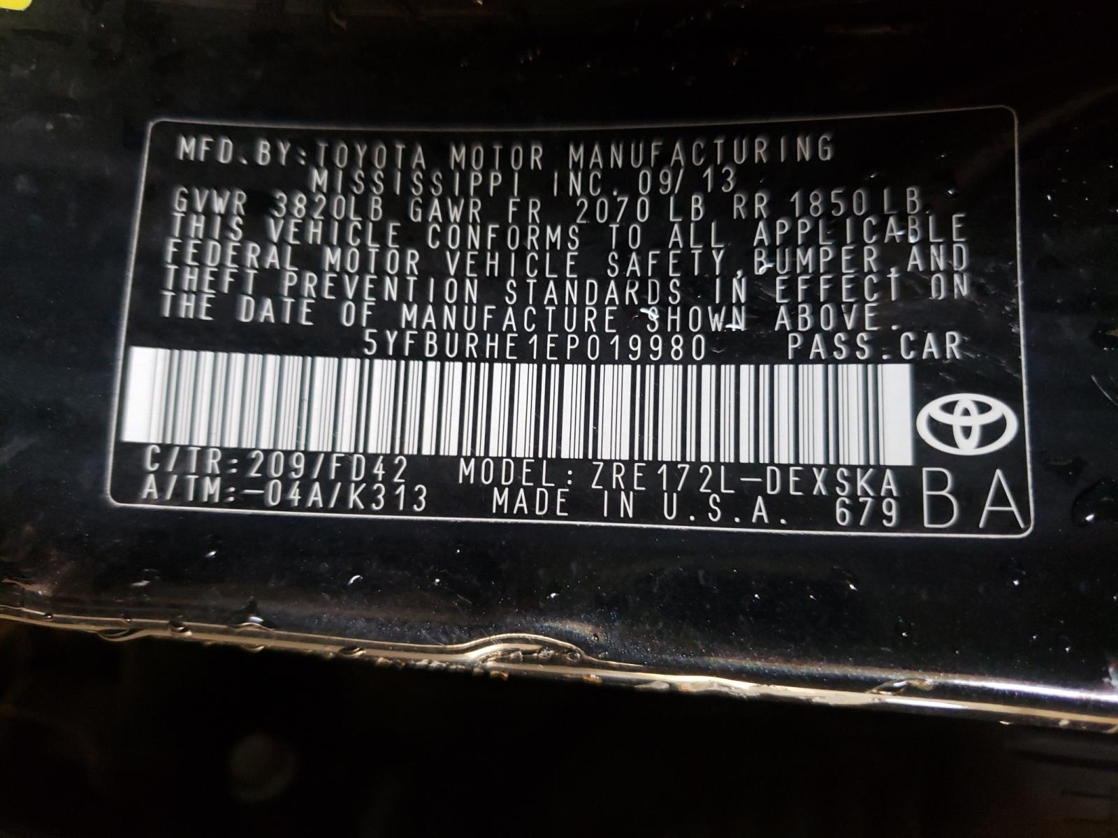 Photo 10 from auction – 2014 TOYOTA COROLLA L with VIN 5YFBURHE1EP019980