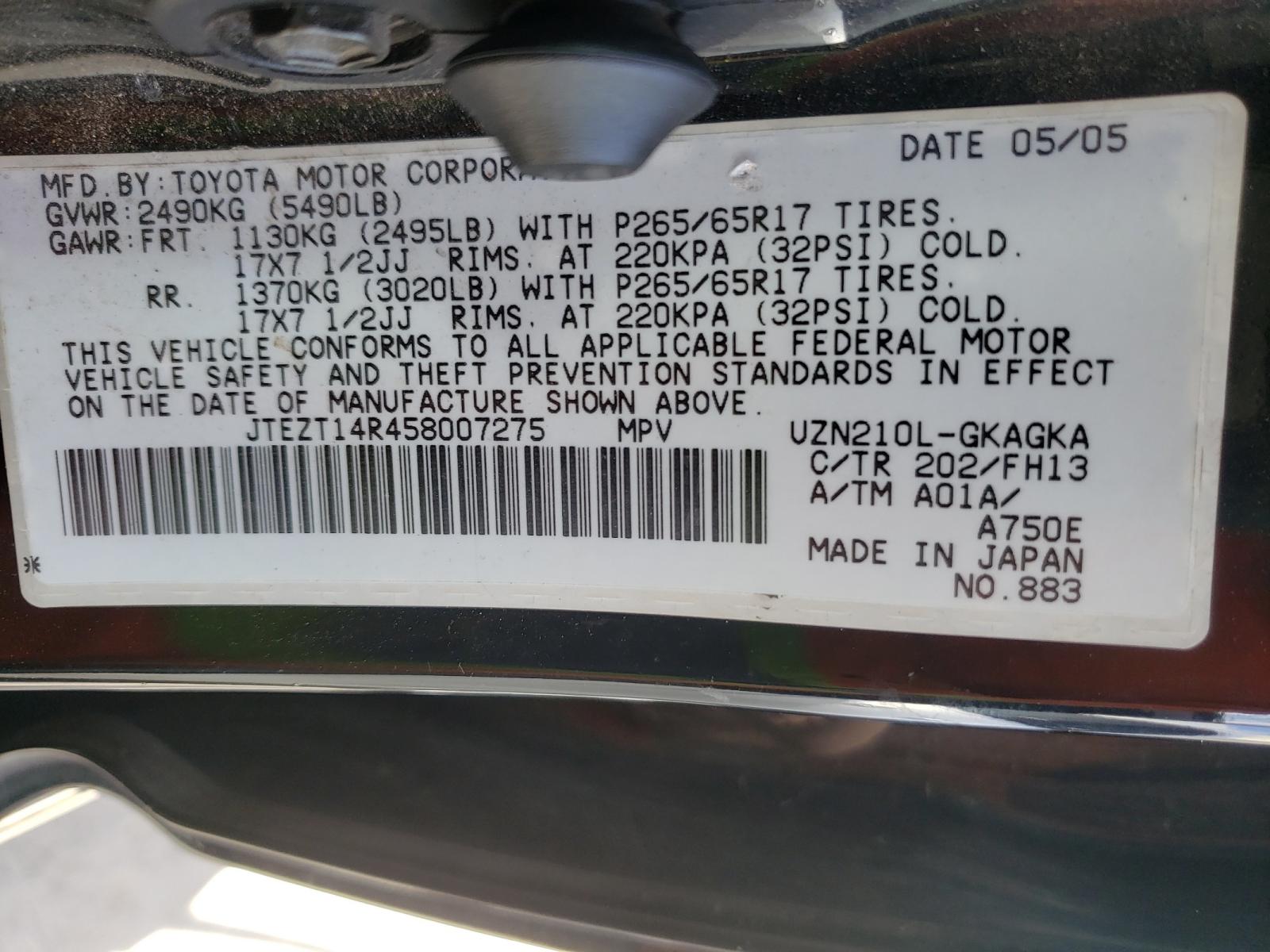 Photo 10 from auction – 2005 TOYOTA 4RUNNER SR with VIN JTEZT14R458007275