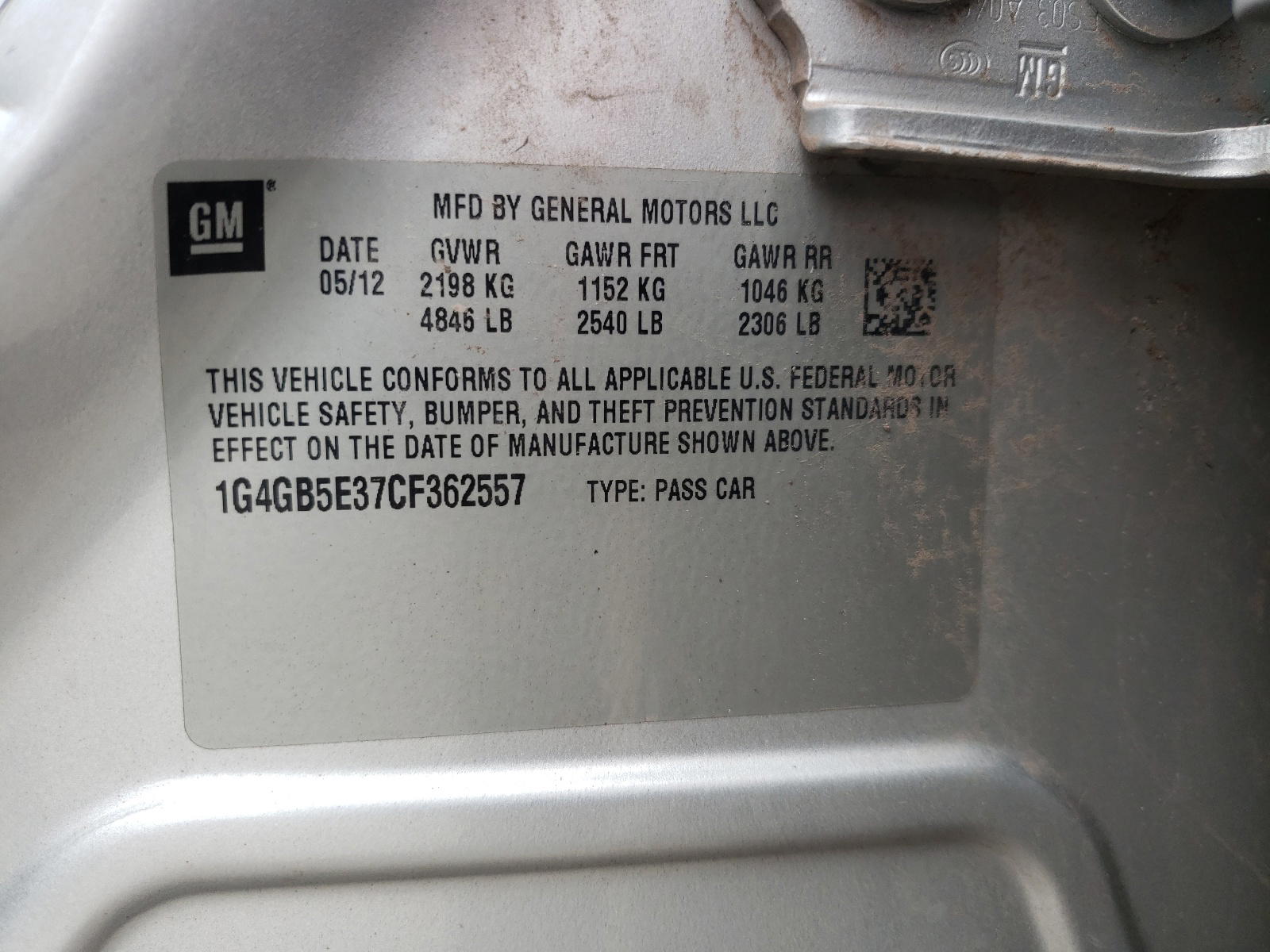 Photo 10 from auction – 2012 BUICK LACROSSE C with VIN 1G4GB5E37CF362557