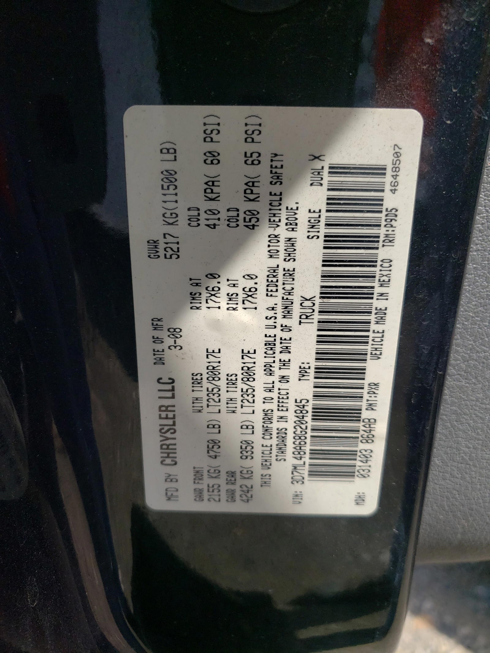 Photo 10 from auction – 2008 DODGE RAM 3500 S with VIN 3D7ML48A68G204845