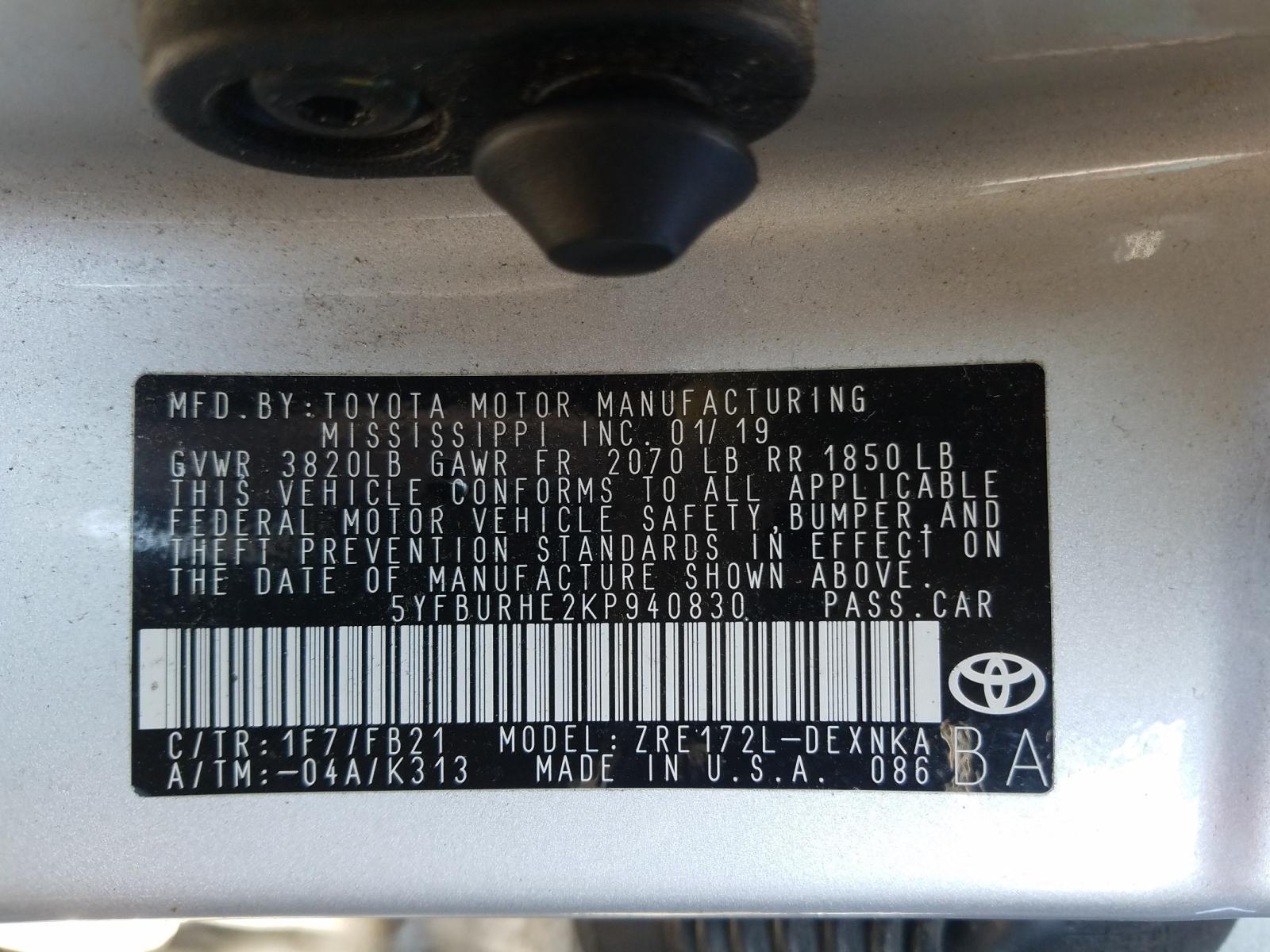 Photo 10 from auction – 2019 TOYOTA COROLLA L with VIN 5YFBURHE2KP940830