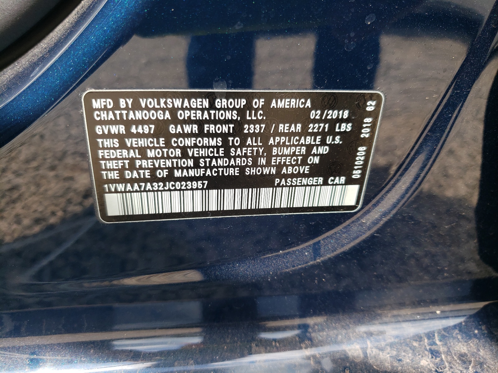 Photo 10 from auction – 2018 VOLKSWAGEN PASSAT S with VIN 1VWAA7A32JC023957