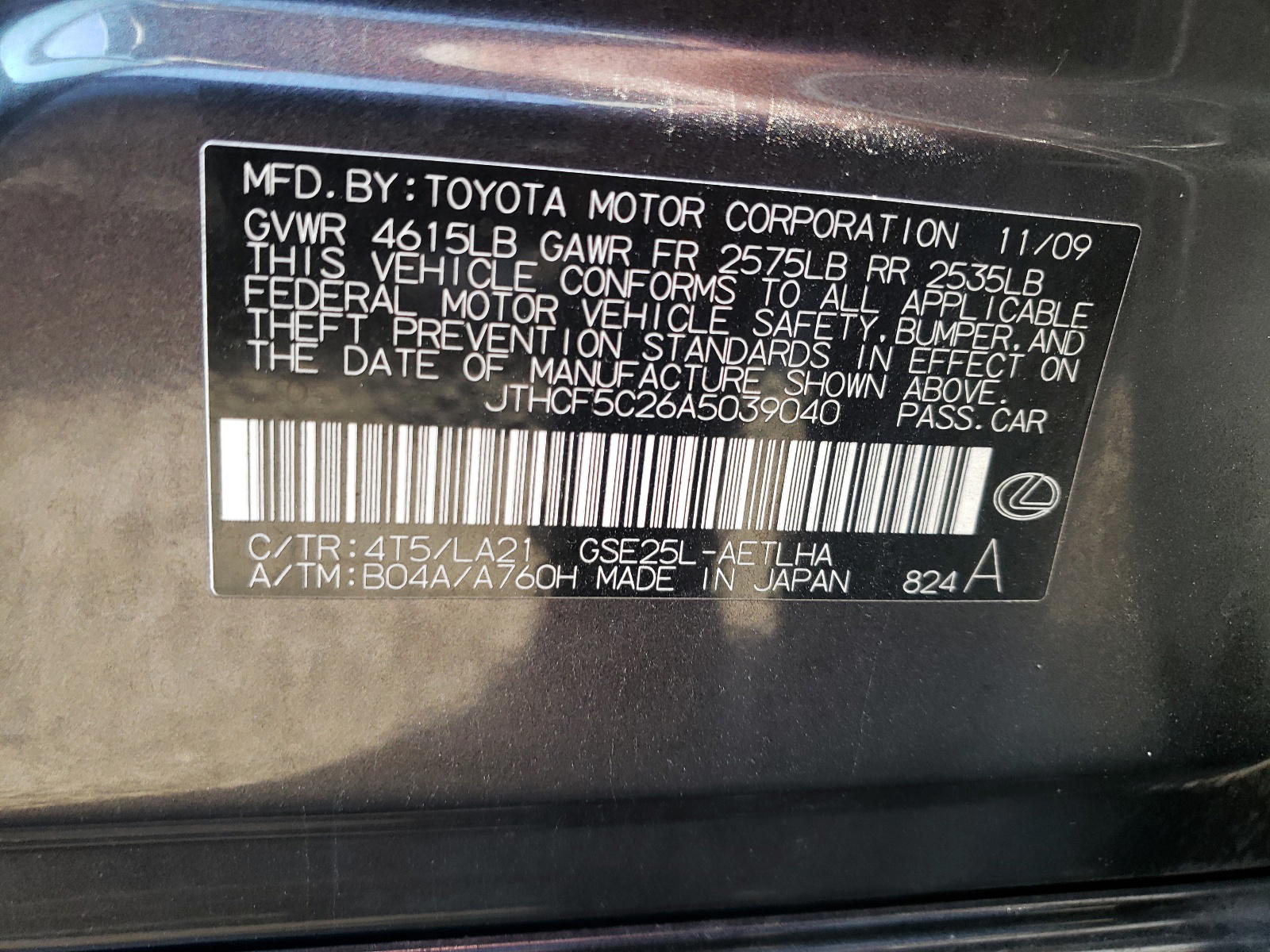 Photo 10 from auction – 2010 LEXUS IS 250 with VIN JTHCF5C26A5039040