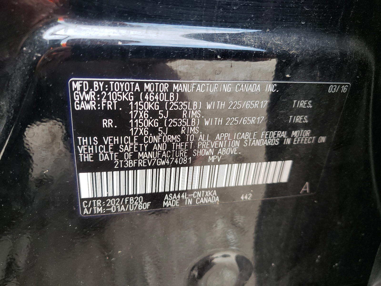 Photo 10 from auction – 2016 TOYOTA RAV4 LE with VIN 2T3BFREV7GW474081