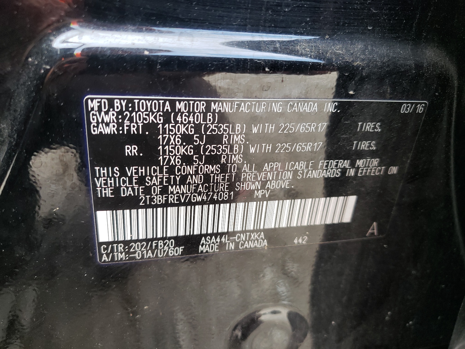 Zdjęcie 10 z aukcji – 2016 TOYOTA RAV4 LE z VIN 2T3BFREV7GW474081