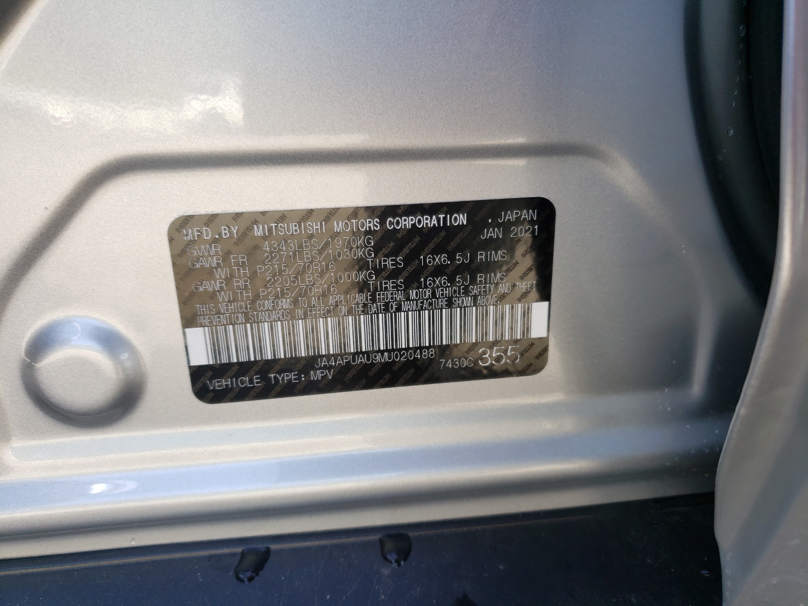 Photo 10 from auction – 2021 MITSUBISHI OUTLANDER with VIN JA4APUAU9MU020488