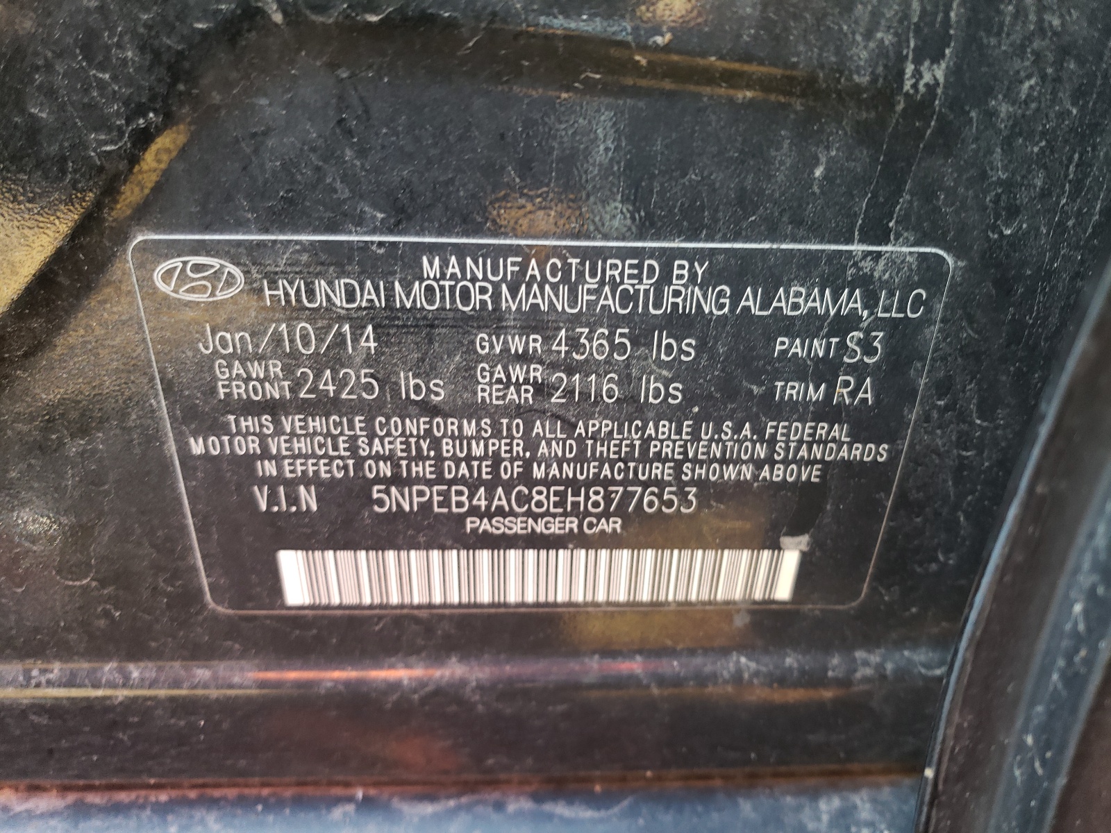 Photo 10 from auction – 2014 HYUNDAI SONATA GLS with VIN 5NPEB4AC8EH877653
