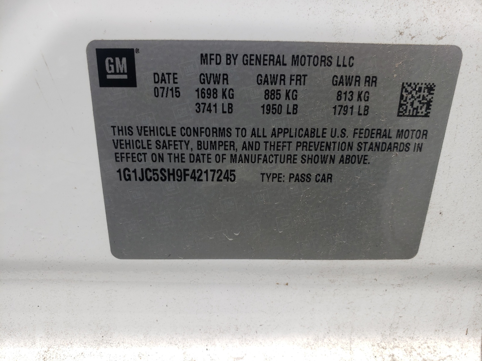 Photo 10 from auction – 2015 CHEVROLET SONIC LT with VIN 1G1JC5SH9F4217245