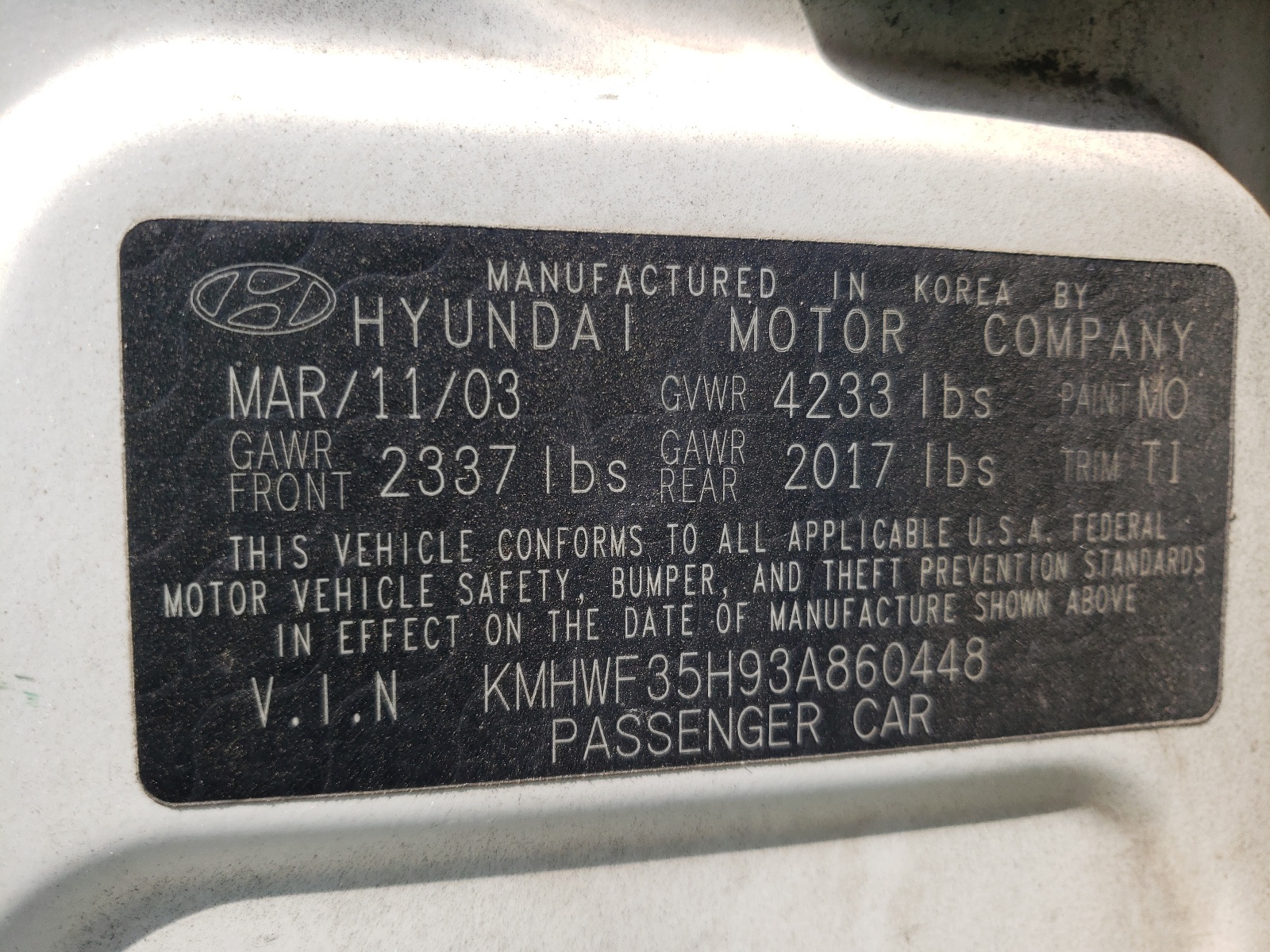 Photo 10 from auction – 2003 HYUNDAI SONATA GLS with VIN KMHWF35H93A860448